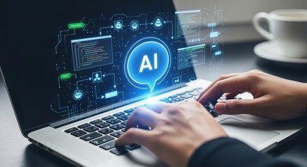 Fototapeta premium Person Working on Laptop to Develop Neural Networks and Holographic Software in Modern Office Space