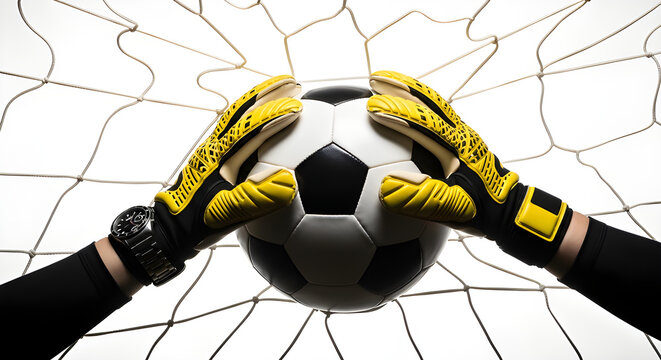 A goalkeeper's hands poised to catch the soccer ball in front of the net