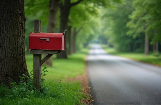 Red metal American mailbox sits by a tree on a quiet village road. Green trees line the paved path leading away into distance. This scene evokes rural charm and simple communication.