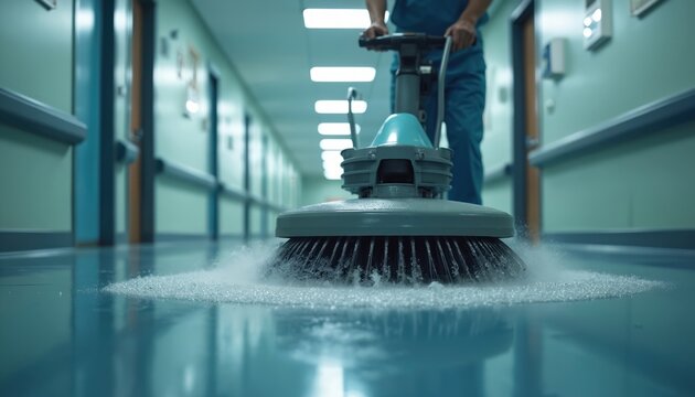 Hospital cleaner uses floor scrubber on shiny blue floor. Person scrubs hallway creating foam. Medical facility hygiene maintenance is important.