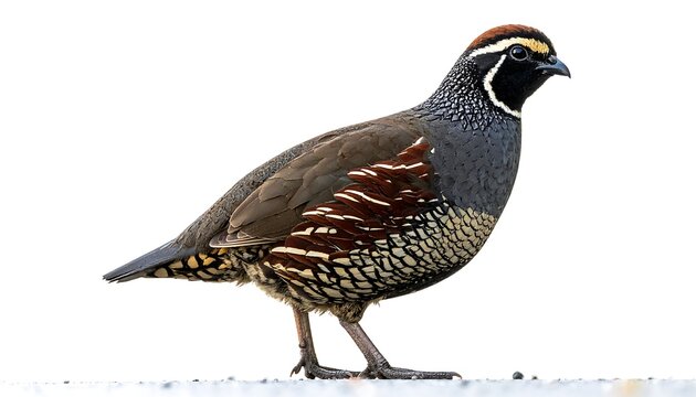 A side view of a small, plump bird with mottled gray plumage, a brown-striped chest, and a distinctive black and white face