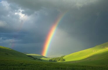 Naklejka premium Arching rainbow spans across vast green hills under dramatic storm clouds. Sunlight breaks through clouds, illuminating slopes. A beautiful natural phenomenon appears after rain.