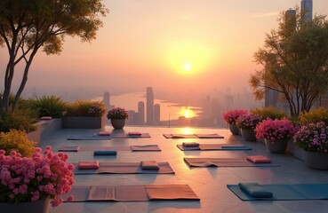 Obraz premium Rooftop deck with yoga mats arranged for class. Cityscape view with sunrise over water. Buildings reflect golden sun. Flowers in pots add color.