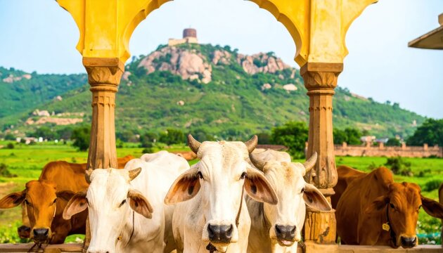 Sacred Cows Gather Under Ancient Archway with Mountain Fortress Backdrop.