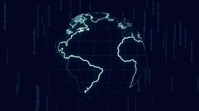 Glowing globe streams binary code on dark background. Futuristic glowing globe integrates digital data beautifully. Glowing globe enhances earth planet visuals dynamically.