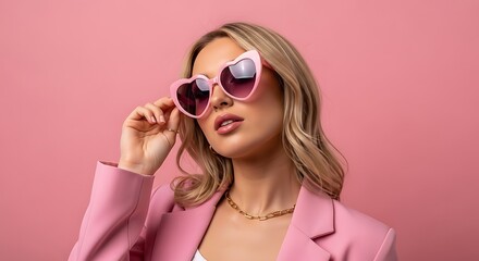 Naklejka premium Woman in pink jacket, heart sunglasses, looking to side with blonde wavy hair