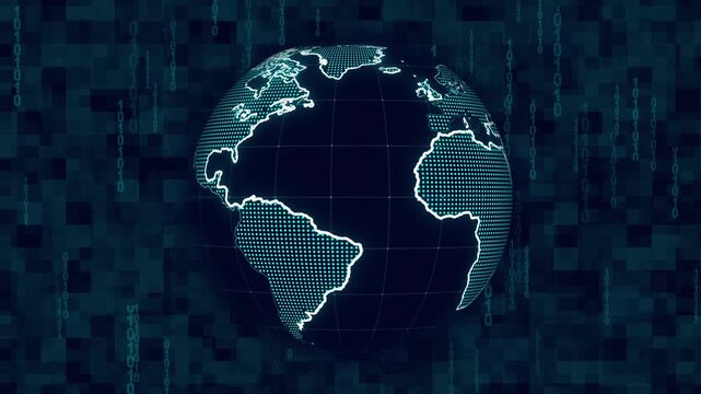 Dotted globe displays binary code on digital background. Modern dotted globe connects tech visuals with precision. Dotted globe represents earth planet elegantly.