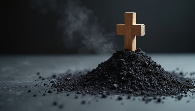 Wooden cross on pile of ash, smoke rising against dark background. Religious symbol for Ash Wednesday, Lent, and repentance. Solemn observance.