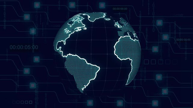 Digital globe combines binary code and circuit elements. Futuristic digital globe visualizes earth on dark blue. Digital globe integrates tech visuals seamlessly.