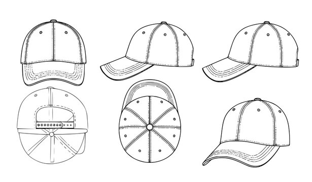 Minimal baseball cap technical outline vector set front side top perspective views apparel template isolated on white background