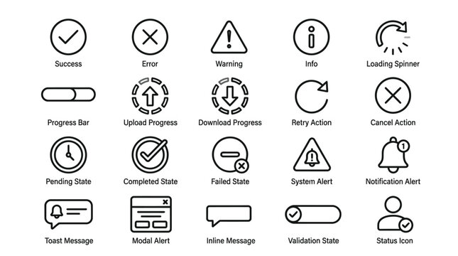 Set of alert and notification icons for user interface and system messages.