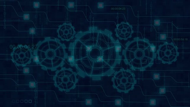 Futuristic digital interface interlocks gears with binary code. Advanced digital interface merges tech visuals on dark blue. Digital interface enhances system design elegantly.