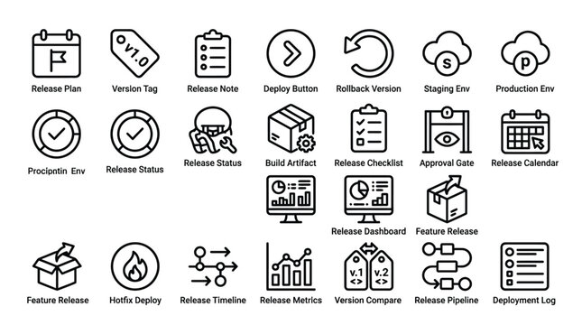 Software development and release management icons for deployment and version control.