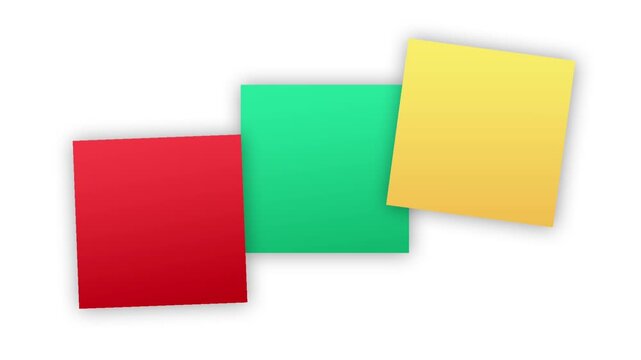 Red green and yellow sticky notes slide into the center of a white background