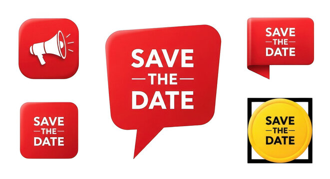 Collection of save the date stickers and labels on transparent background