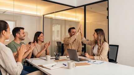 Fototapeta premium A diverse group of young adults celebrate and collaborate in a modern meeting room with a woman and man high fiving at a table