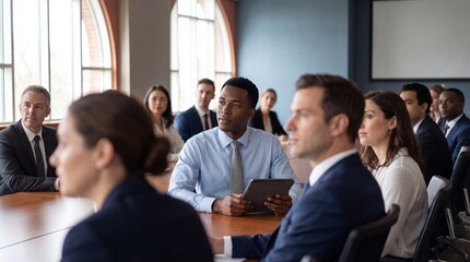 Fototapeta premium Diverse group of business professionals attentively listening in a meeting with a man holding a tablet