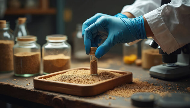 Scientist in blue gloves takes soil sample in lab. Researcher analyzes granular material with microscope and beakers. Lab tech tests earth composition for science.