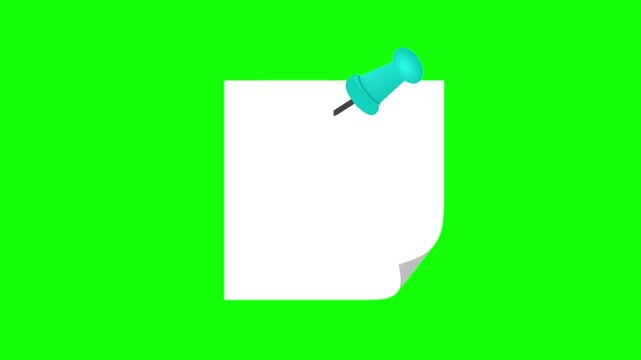 A white square sticky note pinned with a teal thumbtack zooms in and out on a green screen background