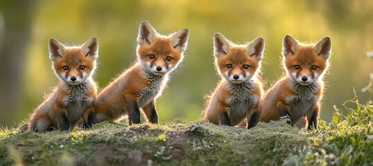 Fototapeta premium Charming Group of Adorable Fox Cubs Playing Together in a Lush Green Meadow Under Bright Sunshine