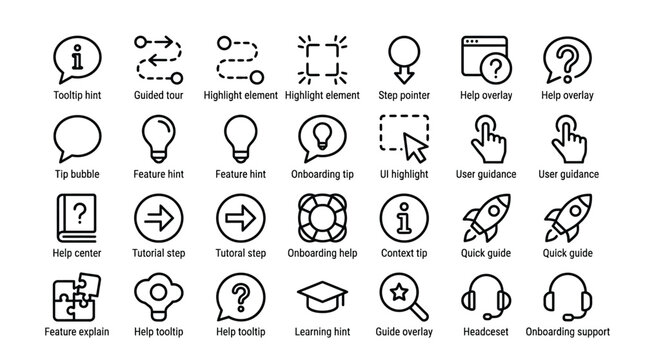 User onboarding and help guidance icon collection for customer support and tutorials.