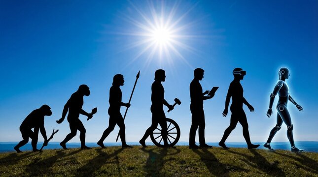 Evolution of human from ape to robot, depicting technological advancements and innovation in a natural setting with a clear blue sky