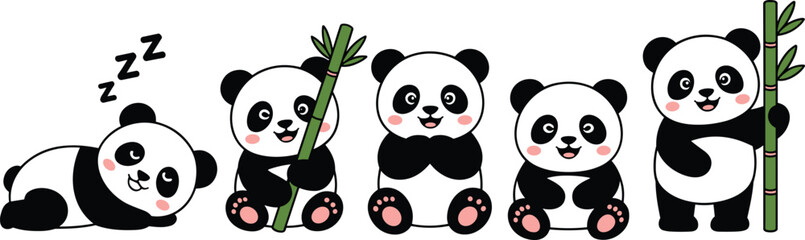 Cute Panda Bear Vector Character Set with Bamboo Sleeping and Sitting Poses in Kawaii Flat Cartoon Style for Kids Graphic Design © MdLabib