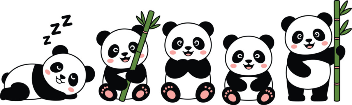 Cute Panda Bear Vector Character Set with Bamboo Sleeping and Sitting Poses in Kawaii Flat Cartoon Style for Kids Graphic Design