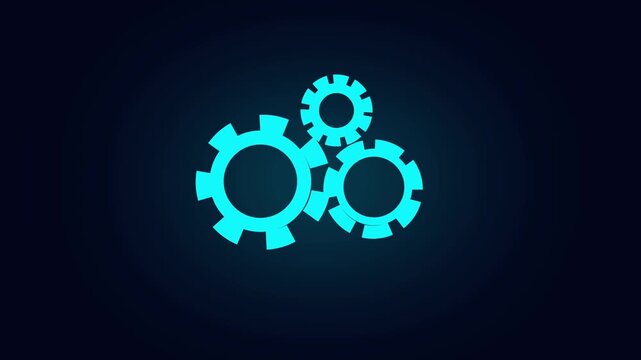 Three cyan gears interlock on dark blue gradient. Functional cyan gears operate mechanism efficiently. Cyan gears enhance visuals with dynamic motion.