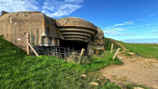 Massive cracked concrete WWII German gun battery casemate with curved artillery aperture sits in green Normandy fields near Port-en-Bessin France