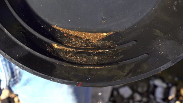 Gold dust and nuggets in prospector's pan.