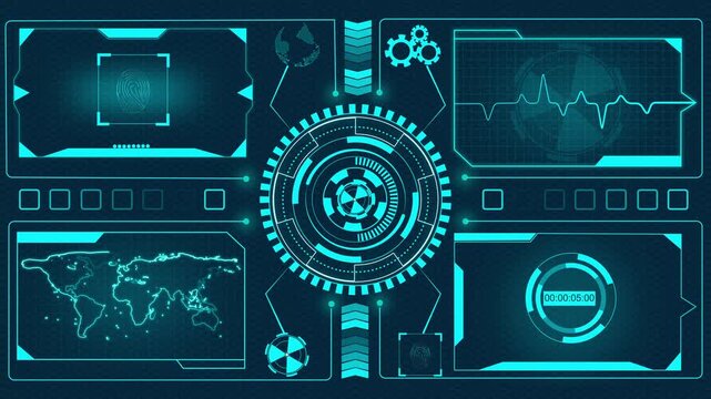 Comprehensive futuristic digital interface scans biometrics. Dynamic digital interface displays world map and timer. Digital interface enhances heartbeat monitor beautifully.