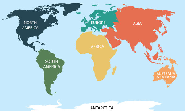 Colorful continents world map with text labels. Flat vector illustration for educational infographics, travel concepts, and global data visualization. SVG
