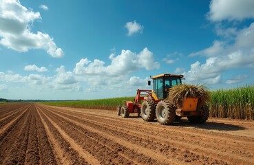 Obraz premium Tractor harvests sugarcane crop on farmland. Agricultural machine works in field under blue sky with clouds. Rural landscape shows cultivated land and green plants. Tractor carries harvested stalks.