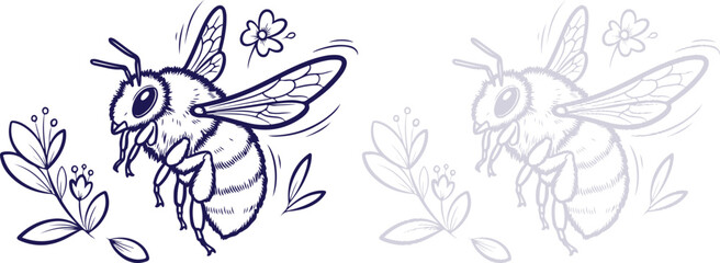 Obraz premium Bumblebee flying near flowers line art illustration isolated on white background