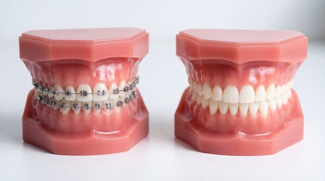 Dental models showcasing teeth with and without orthodontic braces, highlighting smile transformation and oral health