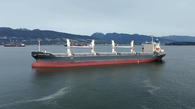 Bulk Carrier Ship In Jericho Beach, Vancouver, Canada - Drone Shot