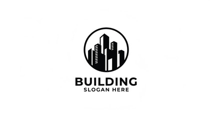 Fototapeta premium Building skyline logo icon with circular badge and tall skyscraper silhouettes for urban branding design
