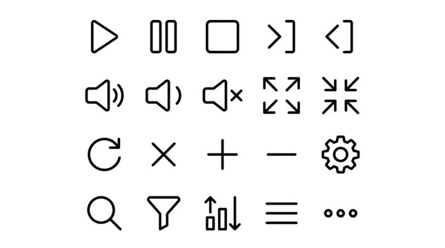 Media player control interface outline icons set for video and audio applications.