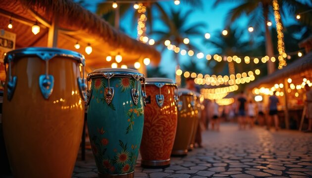 Conga drums line path of illuminated tropical night market. People walk past stalls under string lights and palm trees. Lively street scene offers food and fun vibes.