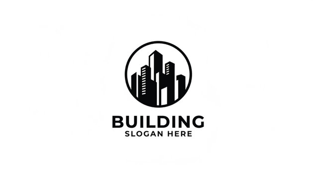 Building skyline logo icon with circular badge and tall skyscraper silhouettes for urban branding design