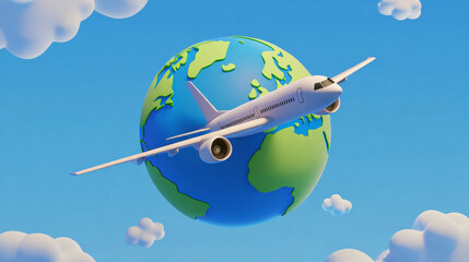 Naklejka premium Airplane flying around the earth - Generative AI