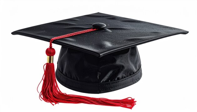 Classic black graduation cap with a vibrant red tassel on a clean white background