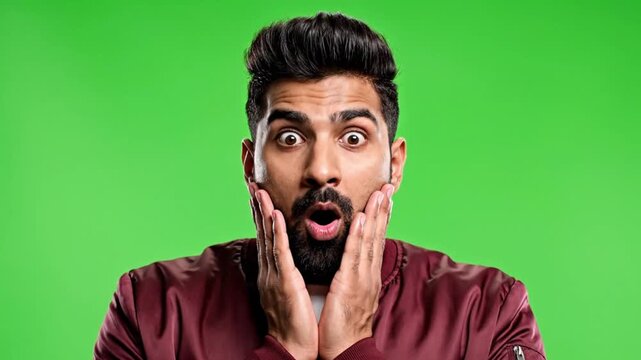 Surprised man, shocked expression, green background, portrait, emotions