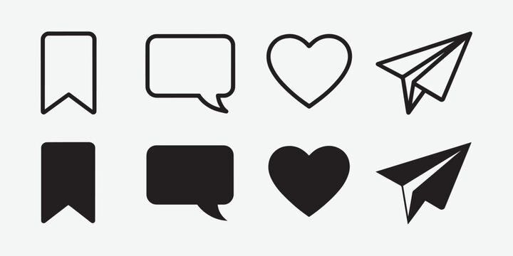 Social Media and Interface Icon Set Bookmark Message Like and Send Symbols Solid and Line Icons