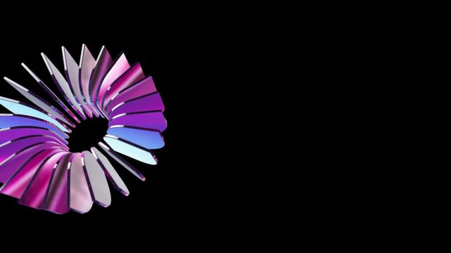 Abstract iridescent ring of metallic blades floating in a dark void with significant negative space for professional technology or science presentation layouts