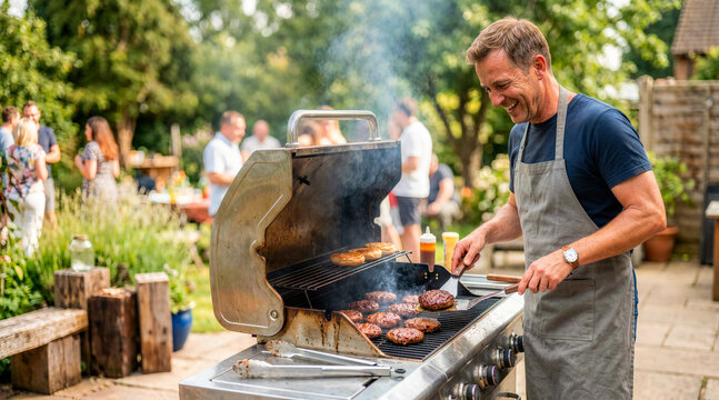 Smiling man flipping burgers on a gas grill at a backyard barbecue party. Summer outdoor cooking and social gathering concept. Man in apron grilling meat for friends