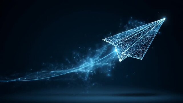 Abstract digital paper airplane ascending with light trail on dark background