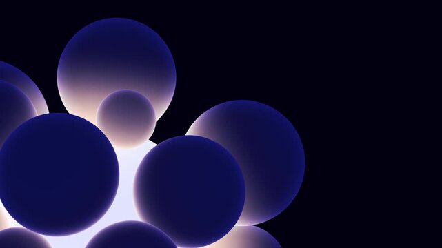 Minimalist cluster of luminous dark blue spheres positioned on the left side of a black background with elegant soft backlighting for high tech branding and space for text
