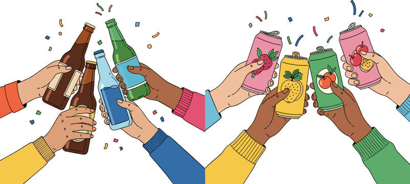 Friends Celebrating with Drinks Illustration, Hands Holding Beer Bottles and Soda Cans, Party Cheers Concept, Social Gathering Festive Vector Design